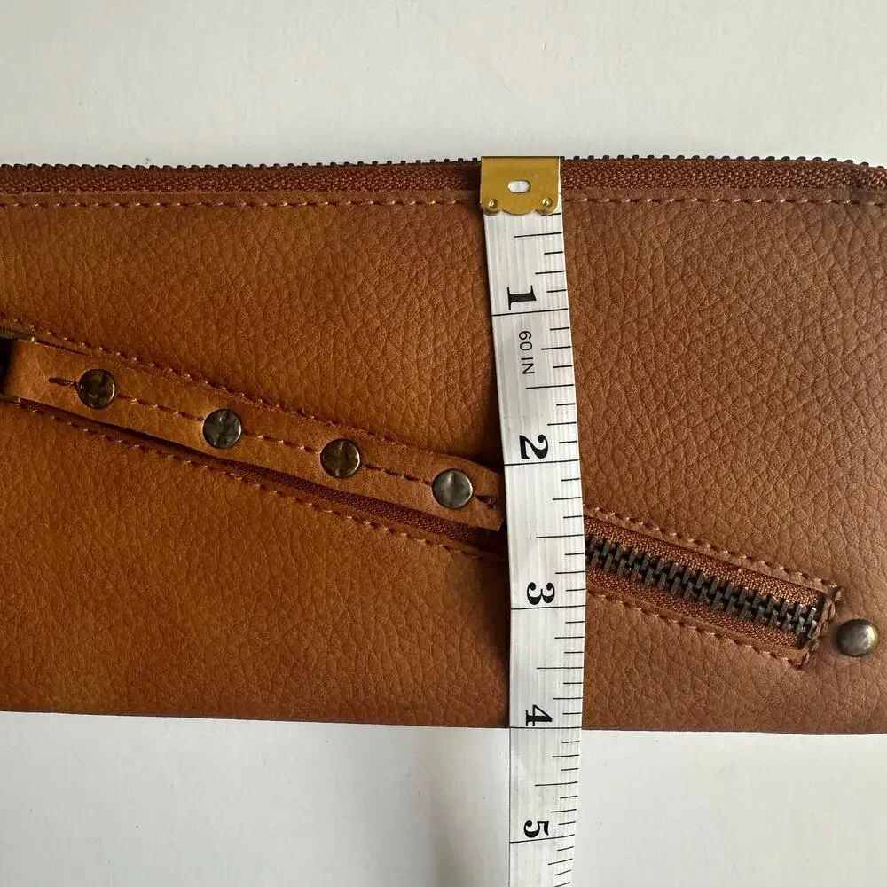 Free People Vegan Leather Wallet Wristlet Diagonal Zipper Cognac Brown Boho